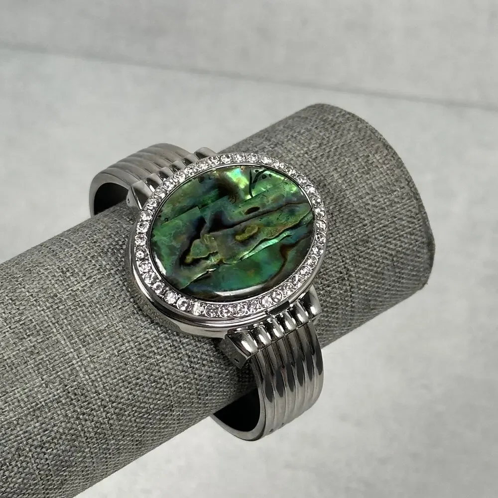 Geneva Watch Womens 43mm Green Abalone Cover Crystal Bezel Cuff New Battery